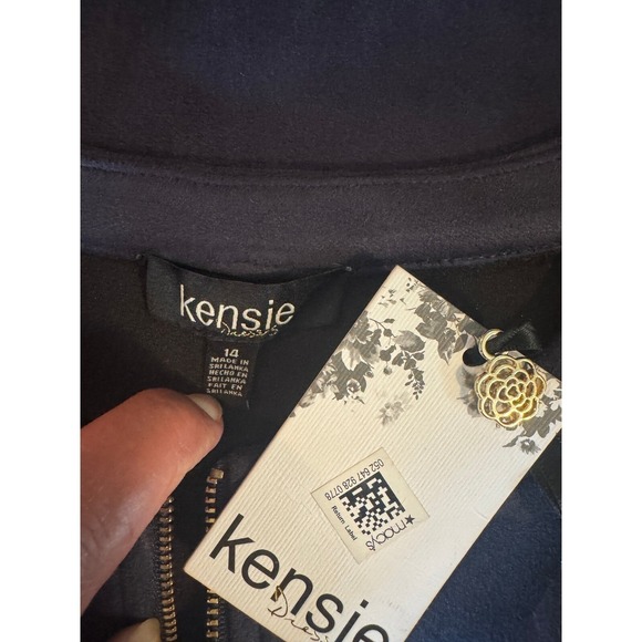 Kensie Faux Suede Shift Dress Women 14 Navy Blue Gold Zipper Front Pockets NWT - Picture 3 of 11